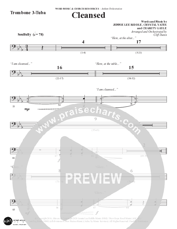 Cleansed (Choral Anthem SATB) Trombone 3 (Word Music Choral / Arr. Cliff Duren)