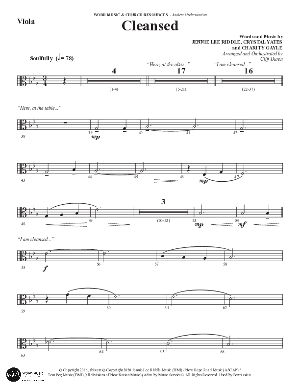 Cleansed (Choral Anthem SATB) Viola (Word Music Choral / Arr. Cliff Duren)