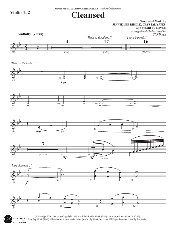 Cleansed (Choral Anthem SATB) Violin 1/2 (Word Music Choral / Arr. Cliff Duren)