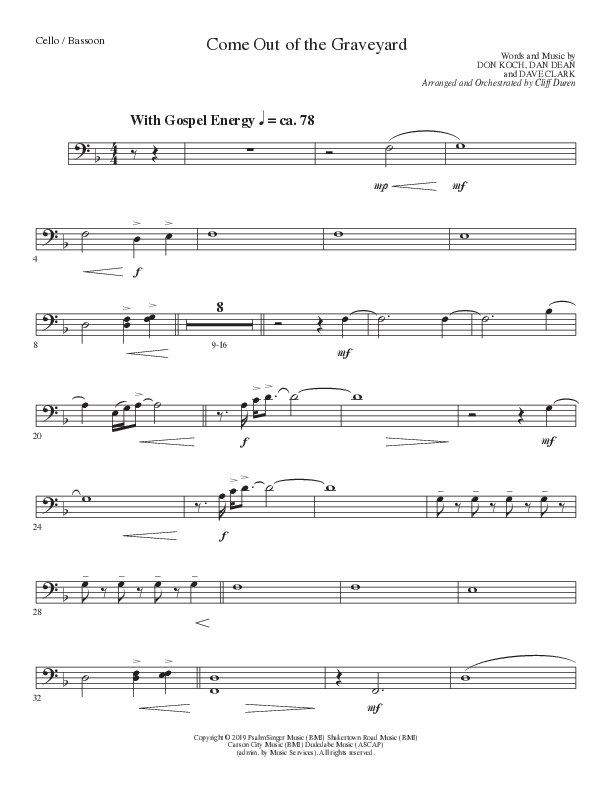 Come Out Of The Graveyard (Choral Anthem SATB) Cello (Lillenas Choral / Arr. Cliff Duren)