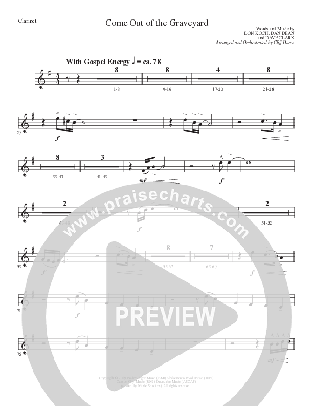 Come Out Of The Graveyard (Choral Anthem SATB) Clarinet (Lillenas Choral / Arr. Cliff Duren)