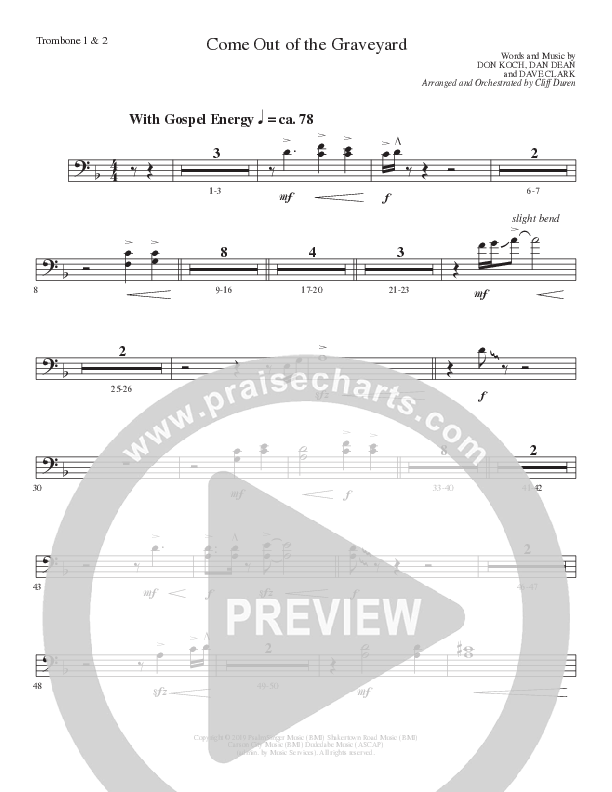 Come Out Of The Graveyard (Choral Anthem SATB) Trombone 1/2 (Lillenas Choral / Arr. Cliff Duren)