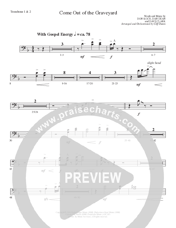 Come Out Of The Graveyard (Choral Anthem SATB) Trombone 1/2 (Lillenas Choral / Arr. Cliff Duren)