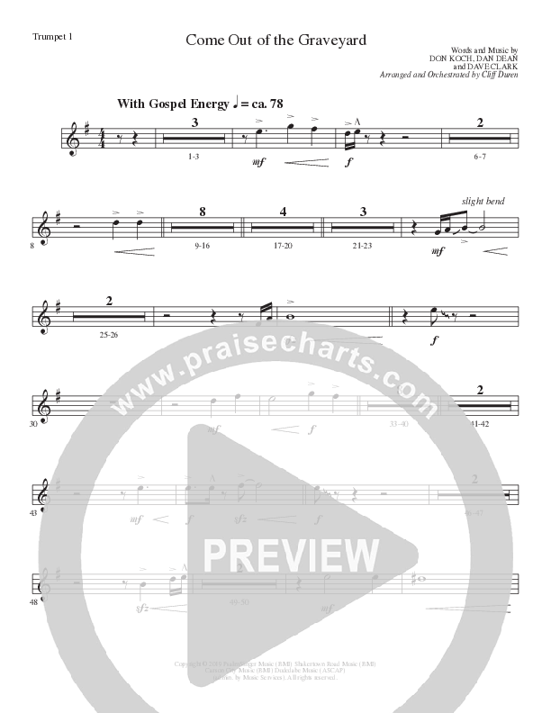 Come Out Of The Graveyard (Choral Anthem SATB) Trumpet 1 (Lillenas Choral / Arr. Cliff Duren)