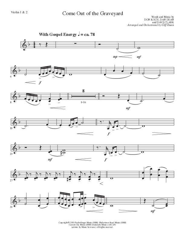 Come Out Of The Graveyard (Choral Anthem SATB) Violin 1/2 (Lillenas Choral / Arr. Cliff Duren)