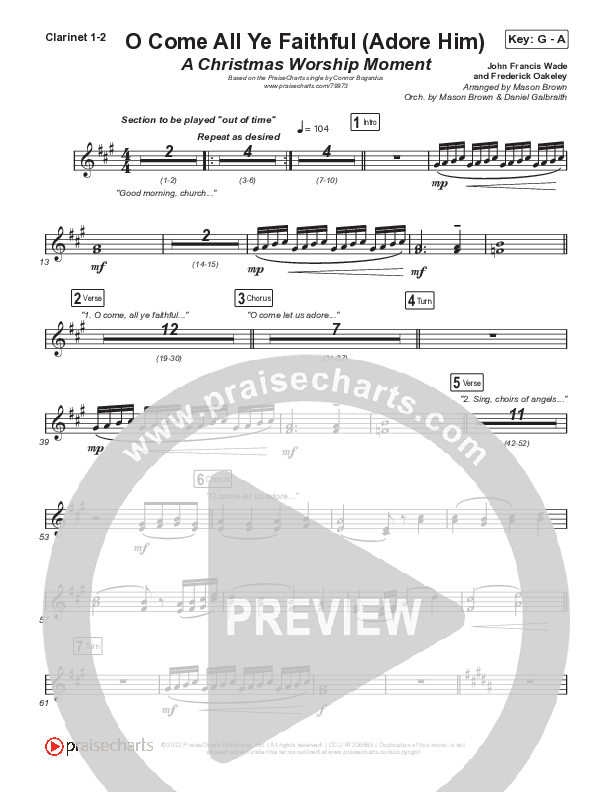 O Come All Ye Faithful (Adore Him) (A Christmas Worship Moment) Clarinet 1/2 (PraiseCharts / Connor Bogardus)