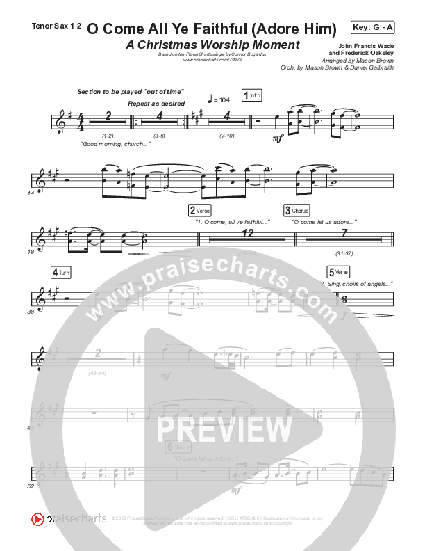 O Come All Ye Faithful (Adore Him) (A Christmas Worship Moment) Tenor Sax 1/2 (PraiseCharts / Connor Bogardus)