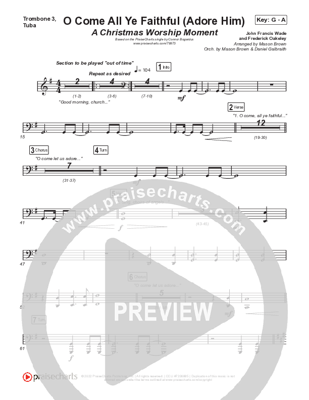 O Come All Ye Faithful (Adore Him) (A Christmas Worship Moment) Trombone 3/Tuba (PraiseCharts / Connor Bogardus)