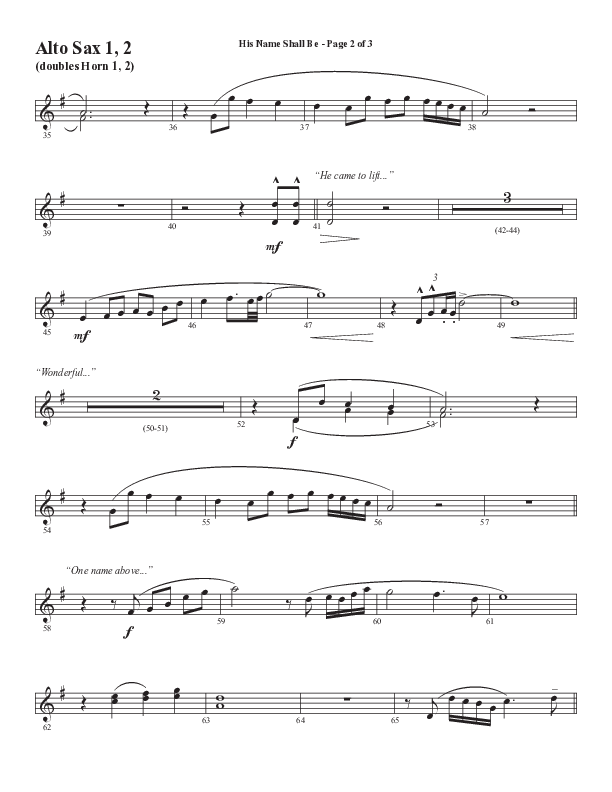 His Name Shall Be (Choral Anthem SATB) Alto Sax 1/2 (Word Music Choral / Arr. J. Daniel Smith)