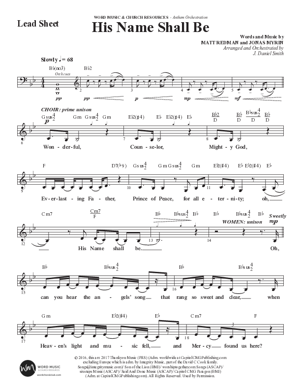 His Name Shall Be (Choral Anthem SATB) Lead Sheet (Melody) (Word Music Choral / Arr. J. Daniel Smith)