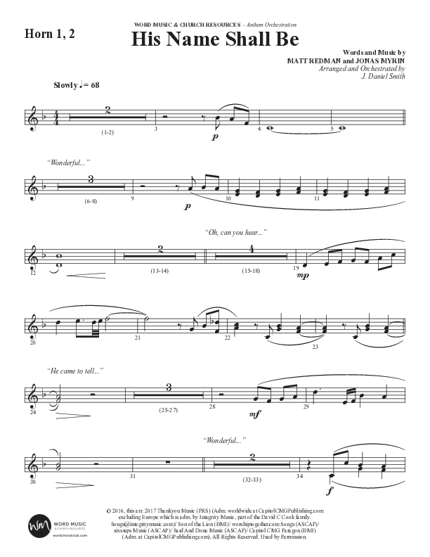 His Name Shall Be (Choral Anthem SATB) French Horn 1/2 (Word Music Choral / Arr. J. Daniel Smith)