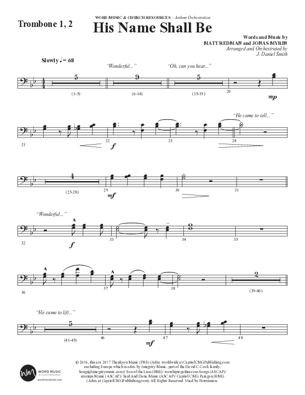 His Name Shall Be (Choral Anthem SATB) Trombone 1/2 (Word Music Choral / Arr. J. Daniel Smith)