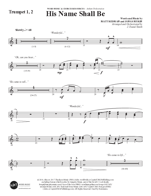 His Name Shall Be (Choral Anthem SATB) Trumpet 1,2 (Word Music Choral / Arr. J. Daniel Smith)