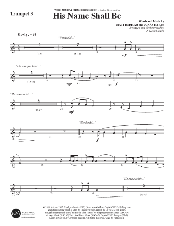 His Name Shall Be (Choral Anthem SATB) Trumpet 3 (Word Music Choral / Arr. J. Daniel Smith)