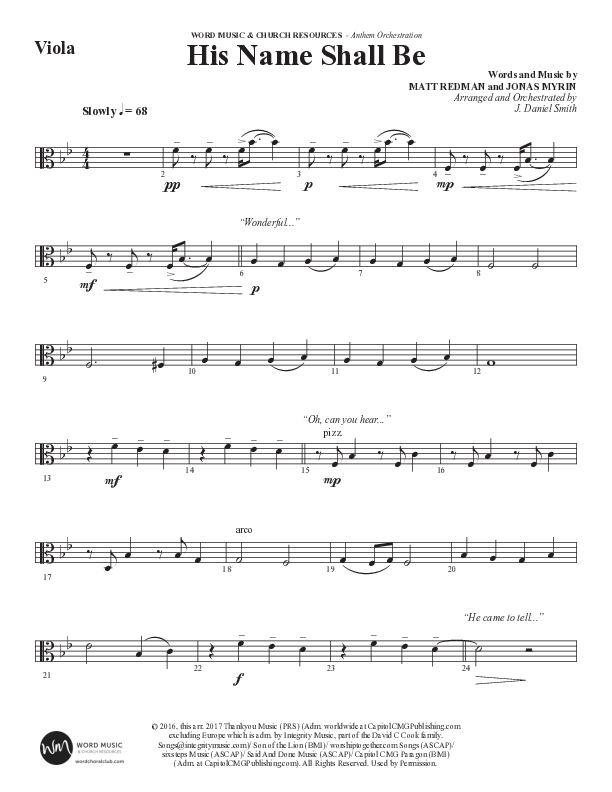 His Name Shall Be (Choral Anthem SATB) Viola (Word Music Choral / Arr. J. Daniel Smith)
