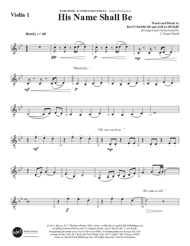 His Name Shall Be (Choral Anthem SATB) Violin 1 (Word Music Choral / Arr. J. Daniel Smith)