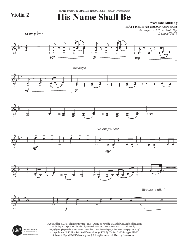 His Name Shall Be (Choral Anthem SATB) Violin 2 (Word Music Choral / Arr. J. Daniel Smith)