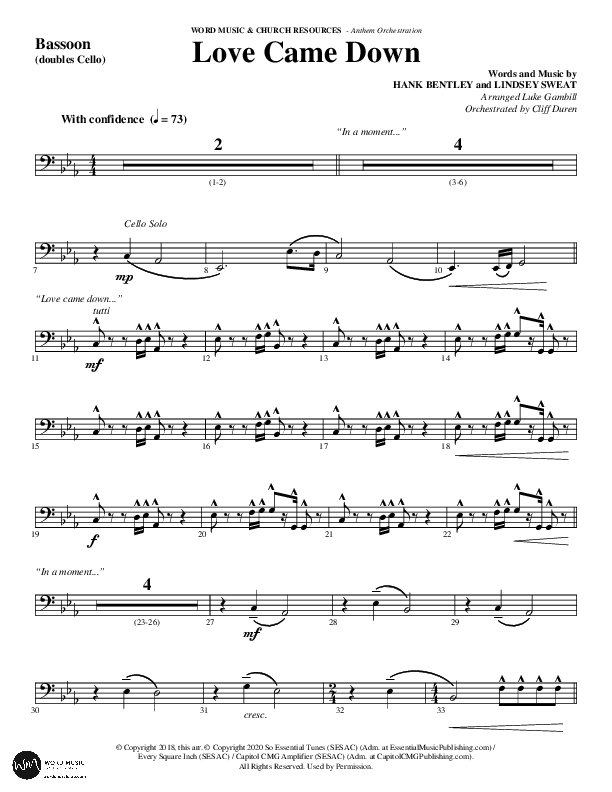 Love Came Down (Choral Anthem SATB) Bassoon (Word Music Choral / Arr. Luke Gambill / Orch. Cliff Duren)