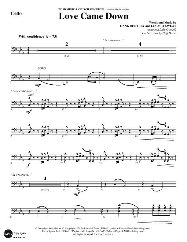 Love Came Down (Choral Anthem SATB) Cello (Word Music Choral / Arr. Luke Gambill / Orch. Cliff Duren)