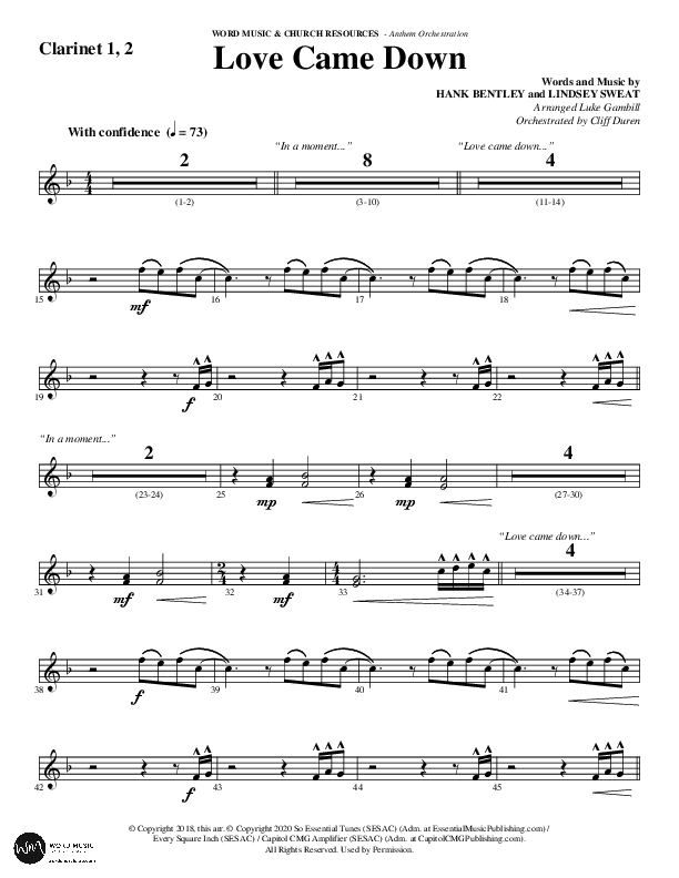 Love Came Down (Choral Anthem SATB) Clarinet 1/2 (Word Music Choral / Arr. Luke Gambill / Orch. Cliff Duren)
