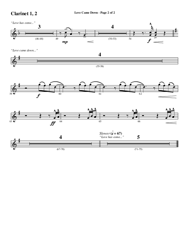 Love Came Down (Choral Anthem SATB) Clarinet 1/2 (Word Music Choral / Arr. Luke Gambill / Orch. Cliff Duren)