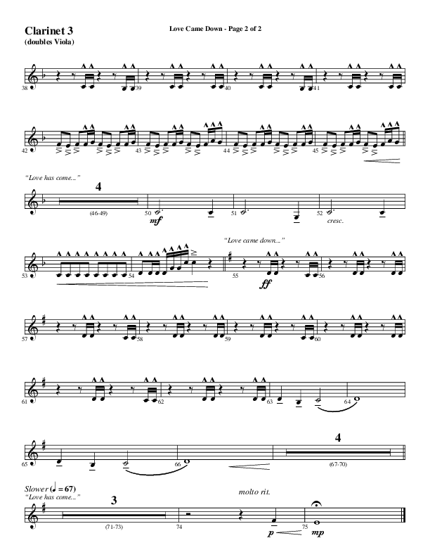 Love Came Down (Choral Anthem SATB) Clarinet 3 (Word Music Choral / Arr. Luke Gambill / Orch. Cliff Duren)