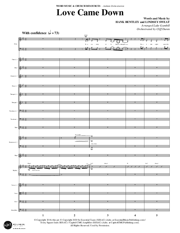 Love Came Down (Choral Anthem SATB) Orchestration (Word Music Choral / Arr. Luke Gambill / Orch. Cliff Duren)