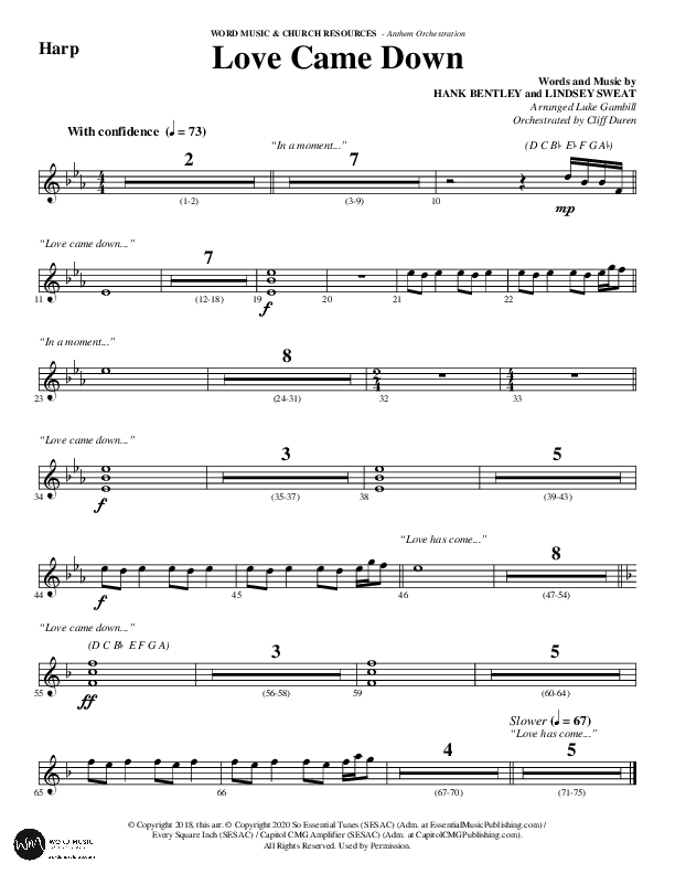 Love Came Down (Choral Anthem SATB) Harp (Word Music Choral / Arr. Luke Gambill / Orch. Cliff Duren)