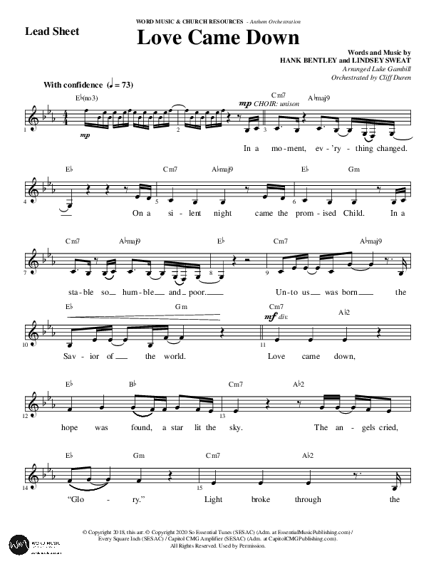 Love Came Down (Choral Anthem SATB) Lead Sheet (Melody) (Word Music Choral / Arr. Luke Gambill / Orch. Cliff Duren)