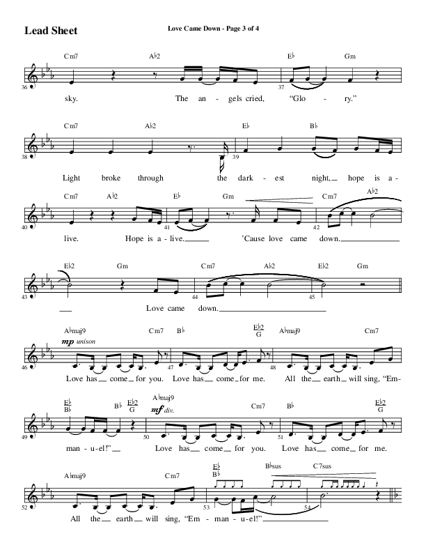 Love Came Down (Choral Anthem SATB) Lead Sheet (Melody) (Word Music Choral / Arr. Luke Gambill / Orch. Cliff Duren)