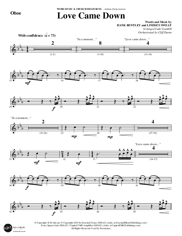 Love Came Down (Choral Anthem SATB) Oboe (Word Music Choral / Arr. Luke Gambill / Orch. Cliff Duren)