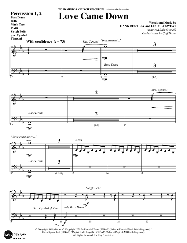 Love Came Down (Choral Anthem SATB) Percussion 1/2 (Word Music Choral / Arr. Luke Gambill / Orch. Cliff Duren)