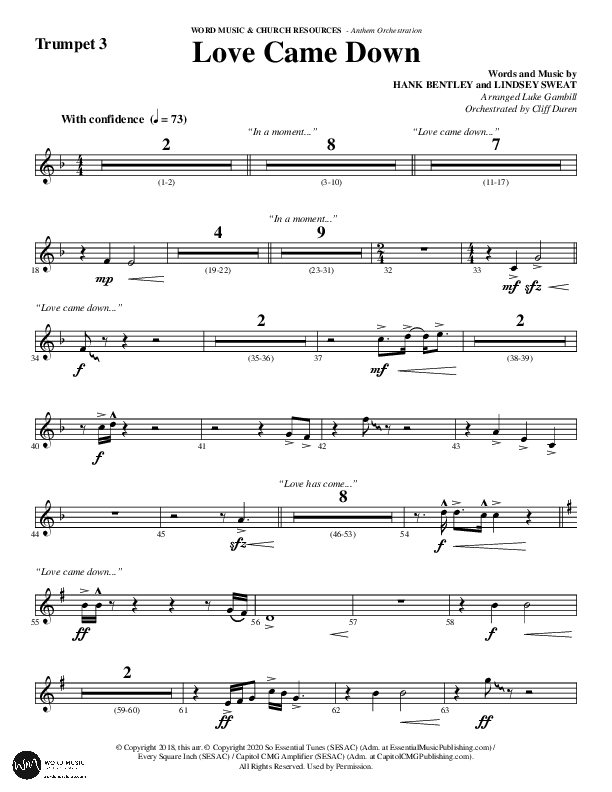 Love Came Down (Choral Anthem SATB) Trumpet 3 (Word Music Choral / Arr. Luke Gambill / Orch. Cliff Duren)