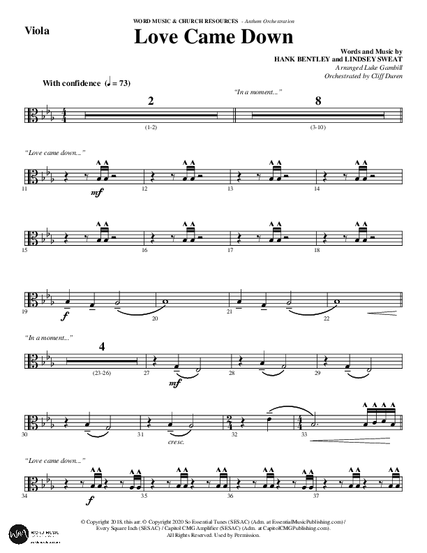 Love Came Down (Choral Anthem SATB) Viola (Word Music Choral / Arr. Luke Gambill / Orch. Cliff Duren)