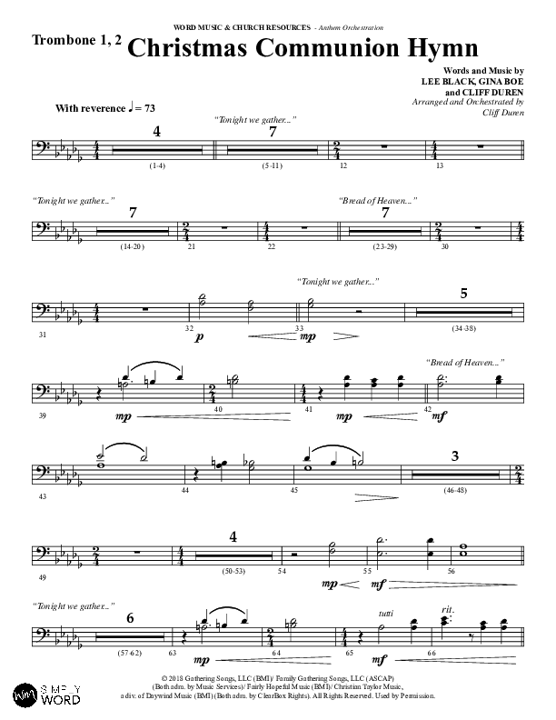 Christmas Communion Hymn (Choral Anthem SATB) Trombone 1/2 (Word Music Choral / Arr. Cliff Duren)