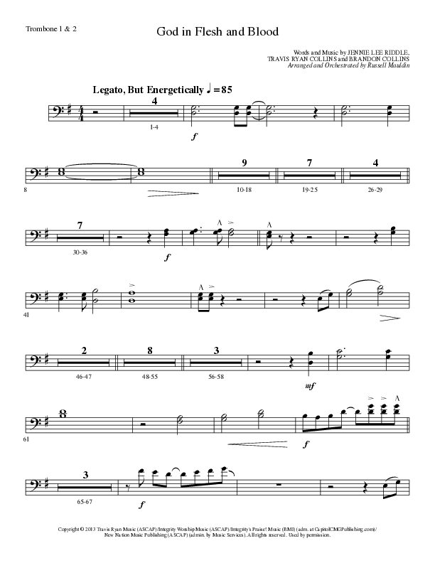 God In Flesh And Blood (Choral Anthem SATB) Trombone 1/2 (Travis Ryan / Lillenas Choral / Arr. Russell Mauldin)