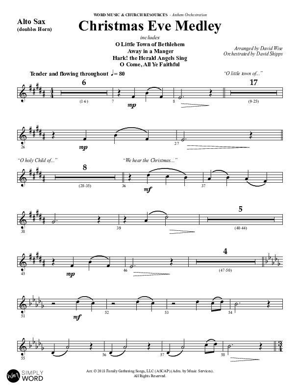 Christmas Eve Medley (Choral Anthem SATB) Alto Sax (Word Music Choral / Arr. David Wise / Orch. David Shipps)