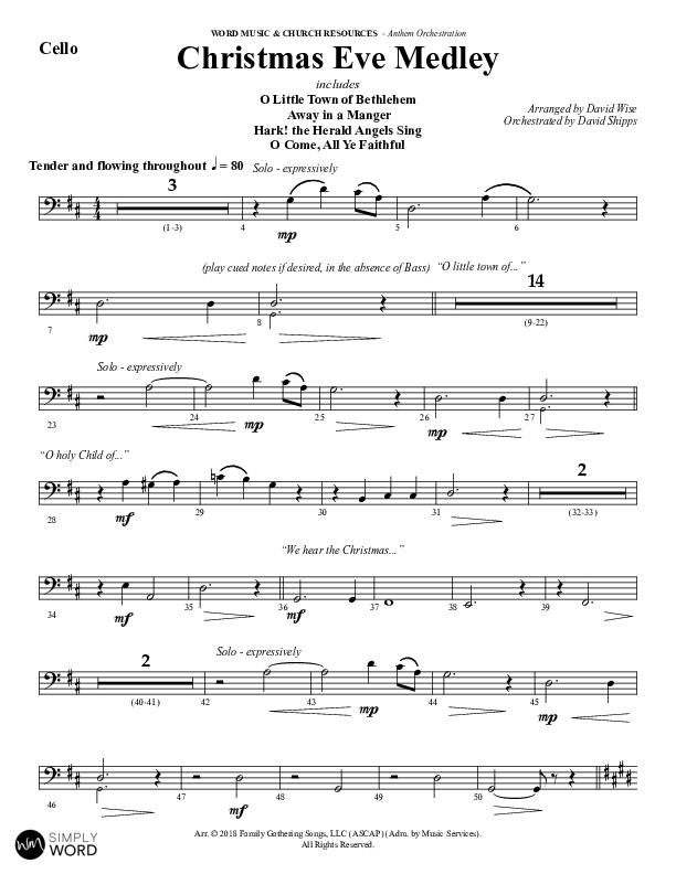Christmas Eve Medley (Choral Anthem SATB) Cello (Word Music Choral / Arr. David Wise / Orch. David Shipps)