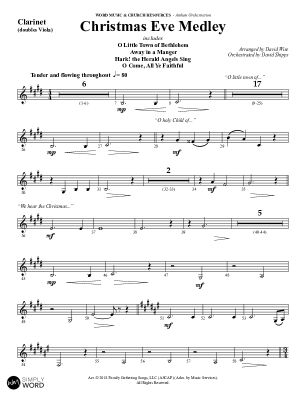 Christmas Eve Medley (Choral Anthem SATB) Clarinet (Word Music Choral / Arr. David Wise / Orch. David Shipps)