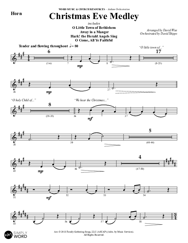 Christmas Eve Medley (Choral Anthem SATB) French Horn (Word Music Choral / Arr. David Wise / Orch. David Shipps)