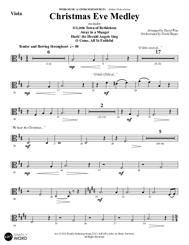 Christmas Eve Medley (Choral Anthem SATB) Viola (Word Music Choral / Arr. David Wise / Orch. David Shipps)