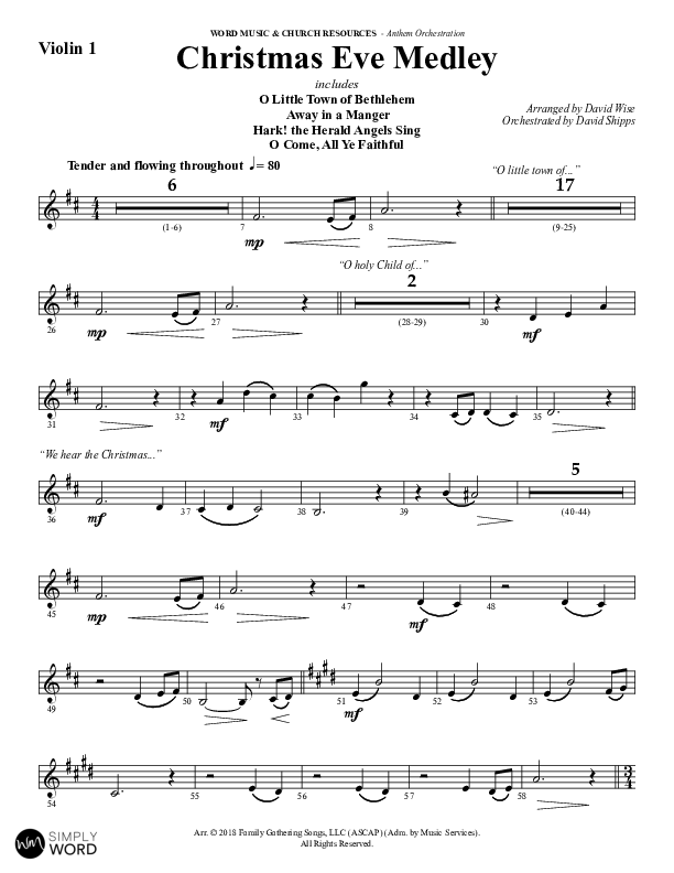Christmas Eve Medley (Choral Anthem SATB) Violin 1 (Word Music Choral / Arr. David Wise / Orch. David Shipps)