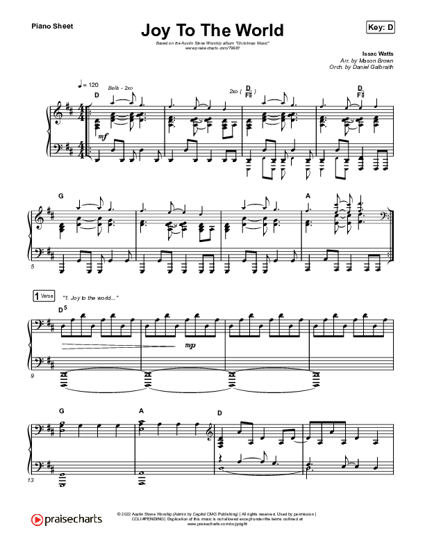 Joy To The World Piano Sheet (Austin Stone Worship)