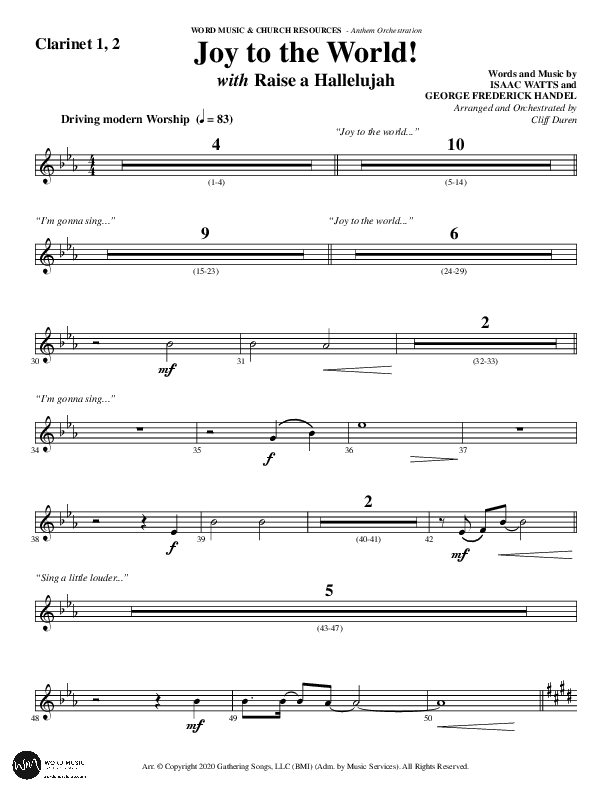 Joy To The World with Raise A Hallelujah (Choral Anthem SATB) Clarinet 1/2 (Word Music Choral / Arr. Cliff Duren)