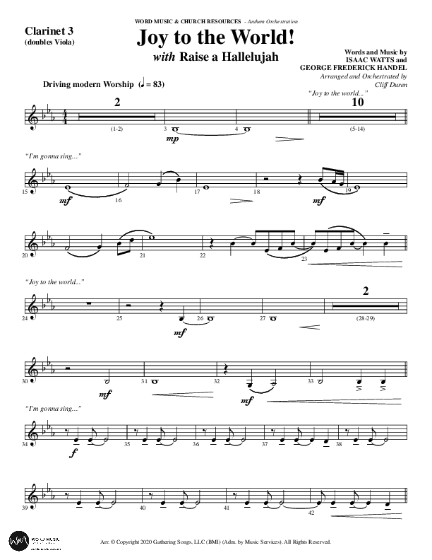Joy To The World with Raise A Hallelujah (Choral Anthem SATB) Clarinet 3 (Word Music Choral / Arr. Cliff Duren)