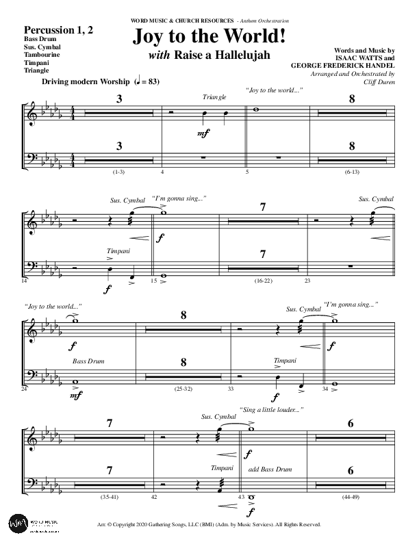 Joy To The World with Raise A Hallelujah (Choral Anthem SATB) Percussion 1/2 (Word Music Choral / Arr. Cliff Duren)