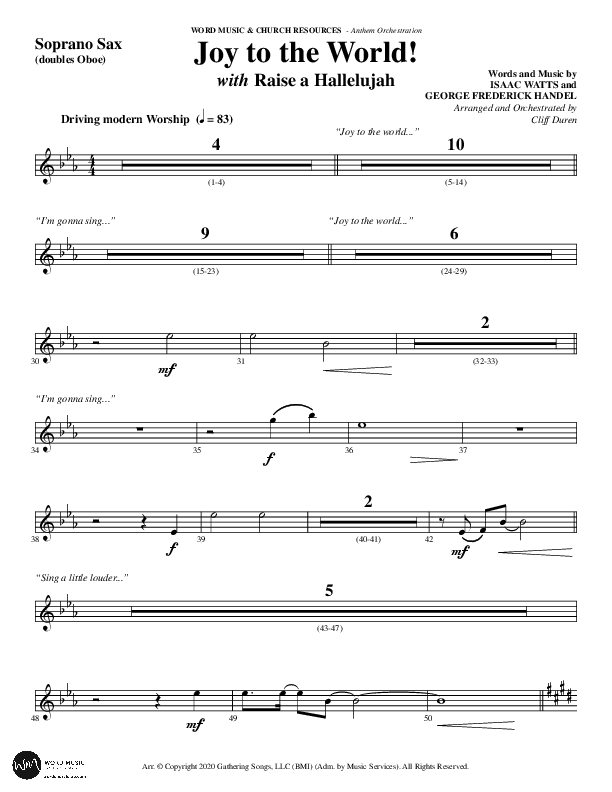 Joy To The World with Raise A Hallelujah (Choral Anthem SATB) Soprano Sax (Word Music Choral / Arr. Cliff Duren)