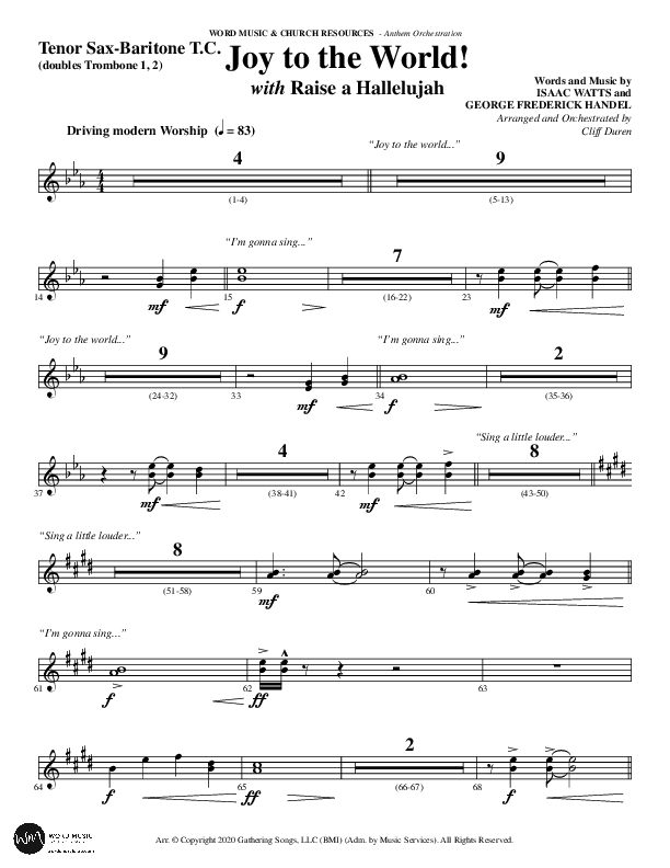 Joy To The World with Raise A Hallelujah (Choral Anthem SATB) Tenor Sax/Baritone T.C. (Word Music Choral / Arr. Cliff Duren)