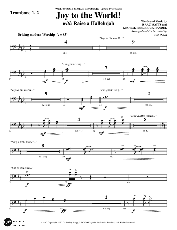 Joy To The World with Raise A Hallelujah (Choral Anthem SATB) Trombone 1/2 (Word Music Choral / Arr. Cliff Duren)