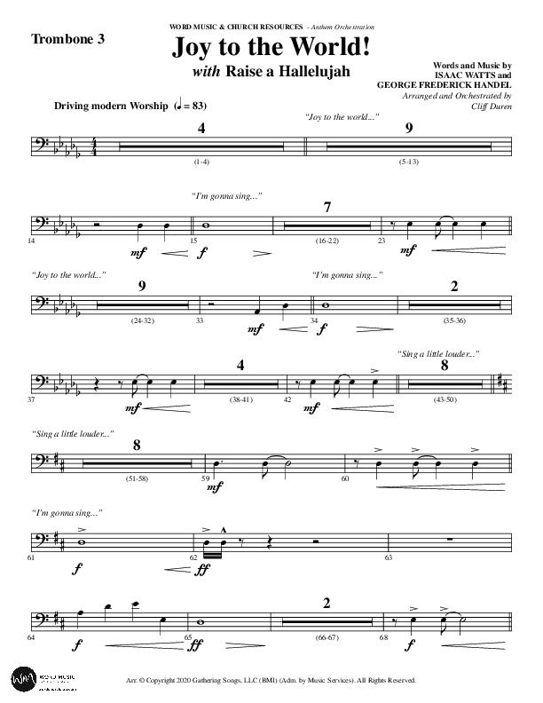 Joy To The World with Raise A Hallelujah (Choral Anthem SATB) Trombone 3 (Word Music Choral / Arr. Cliff Duren)
